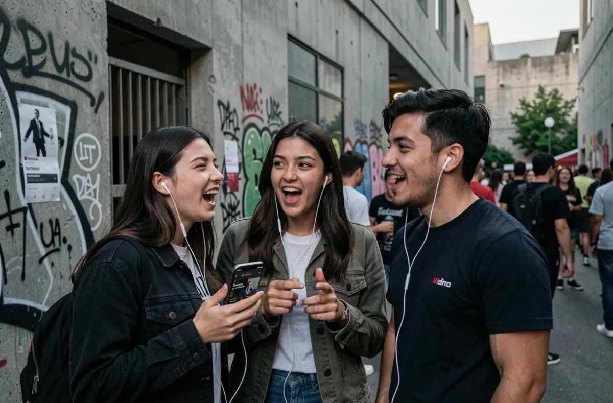 Groupe de jeunes adultes partageant des écouteurs devant une salle de concert urbaine en réaction à la musique d'Oskoow