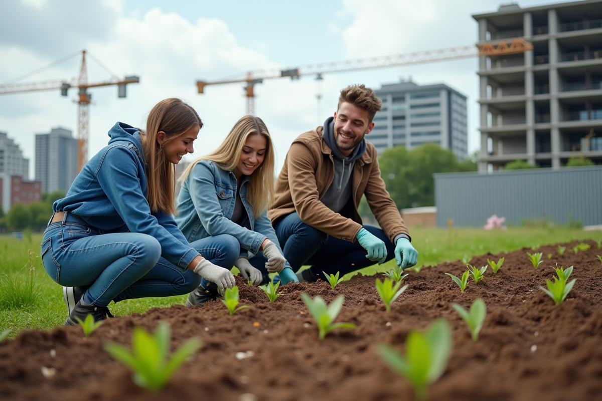 Jeunes adultes dans un jardin communautaire urbain