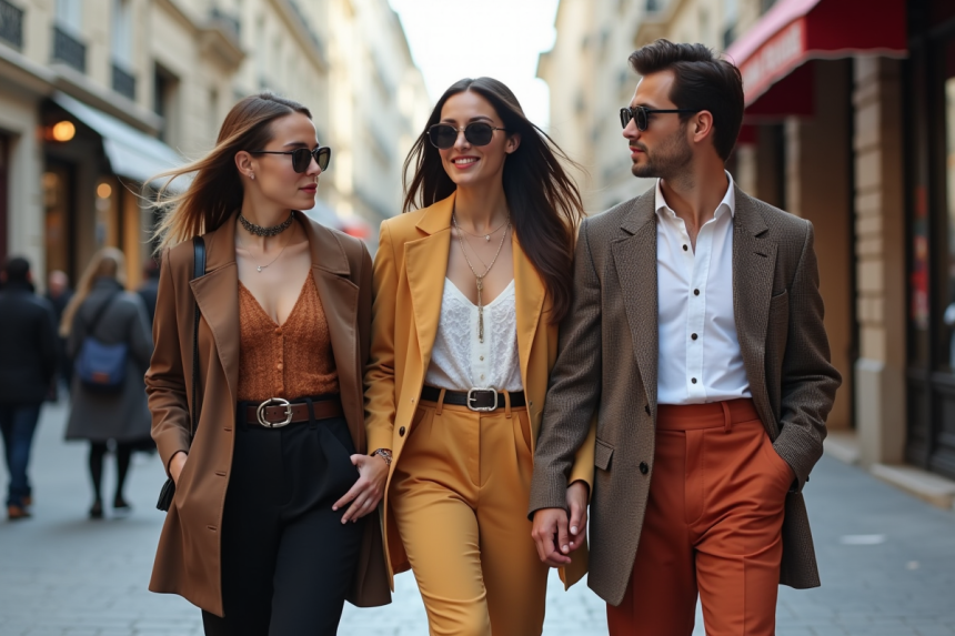 Trois jeunes adultes fashion dans une rue parisienne