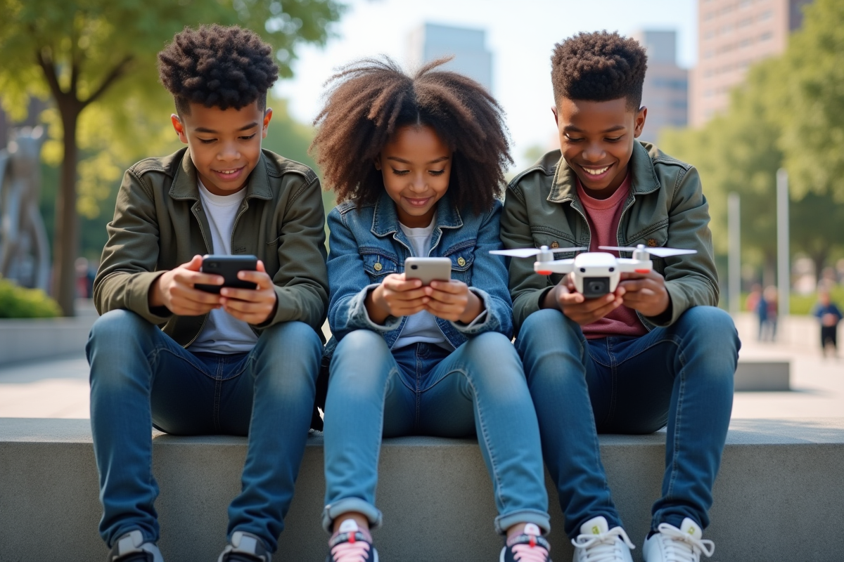Groupe d adolescents avec smartphones et drone en plein air