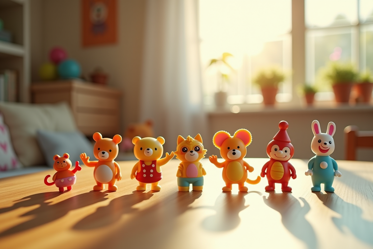 Jouets imaginatifs sur une table en bois ensoleillée dans une chambre d