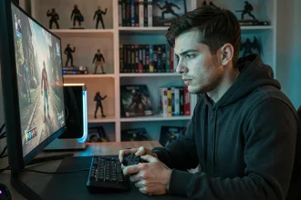 Joueur concentré devant son écran jouant à Clair Obscur Expedition 33, manette en main dans un setup gaming moderne