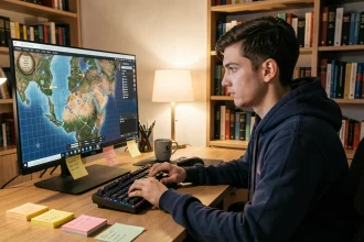 Joueur concentré devant un écran affichant une carte de portails Dofus avec des tracés de routes stratégiques