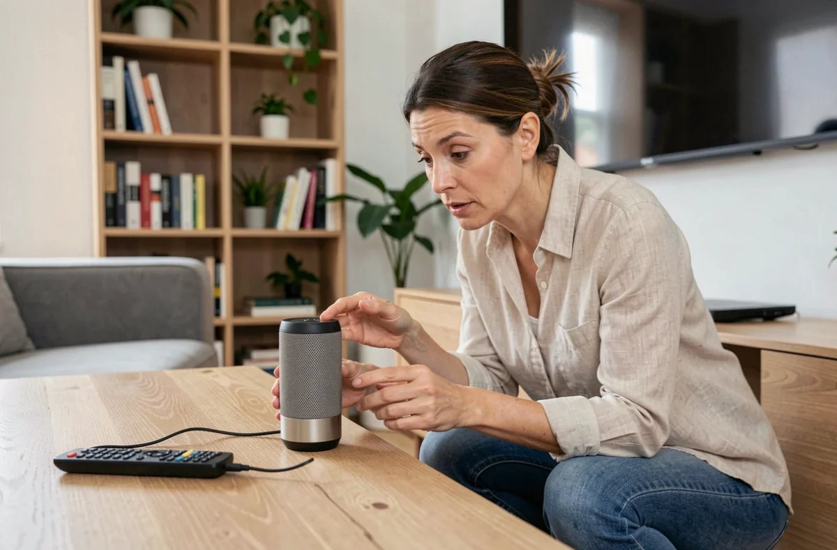 Femme examinant une enceinte Kiptagon dans un salon moderne, évaluant sa pertinence pour un usage domestique quotidien