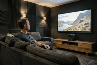 Homme installé dans une salle de home cinéma avec un enceinte Kiptagon posée sur le meuble TV, regardant un film sur grand écran
