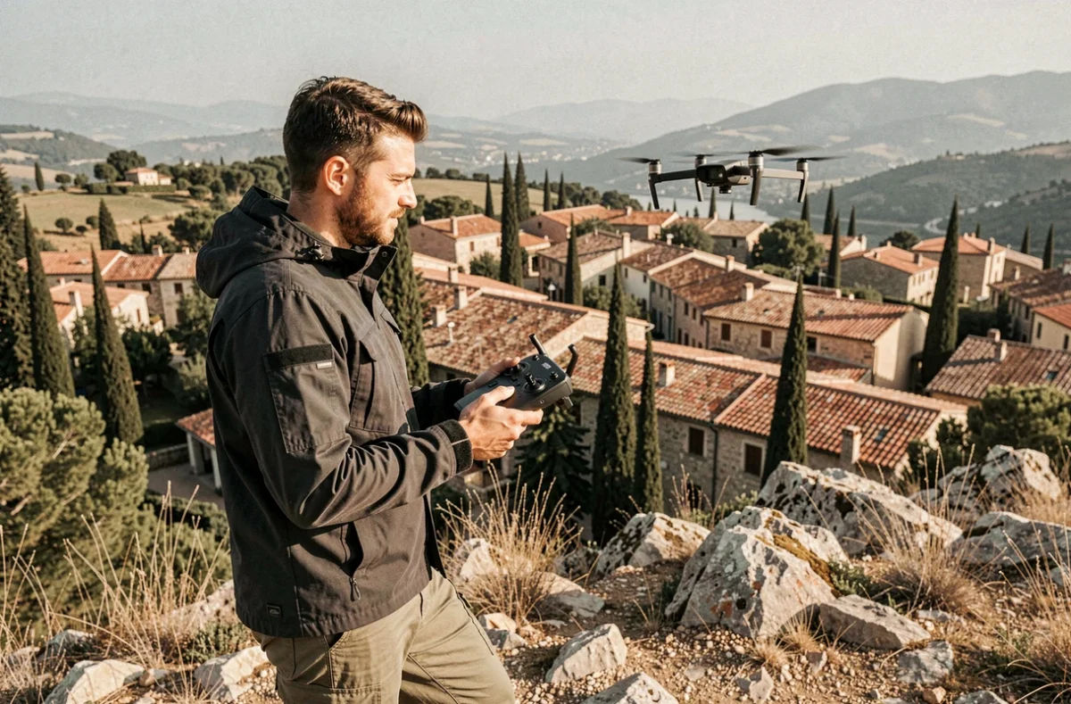 Pilote de drone professionnel tenant une télécommande avec un drone en vol au-dessus d'un village provençal pour une production vidéo événementielle
