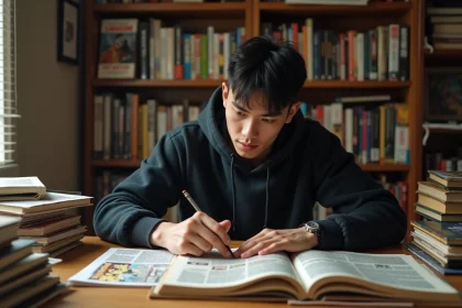 Jeune homme lisant des tomes de manga assis à un bureau en bois encombré de volumes et de chapitres, ambiance cosy et studieuse