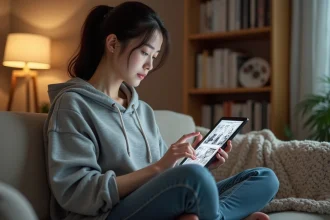 Jeune femme lisant des mangas en ligne sur une tablette confortablement installée dans son salon