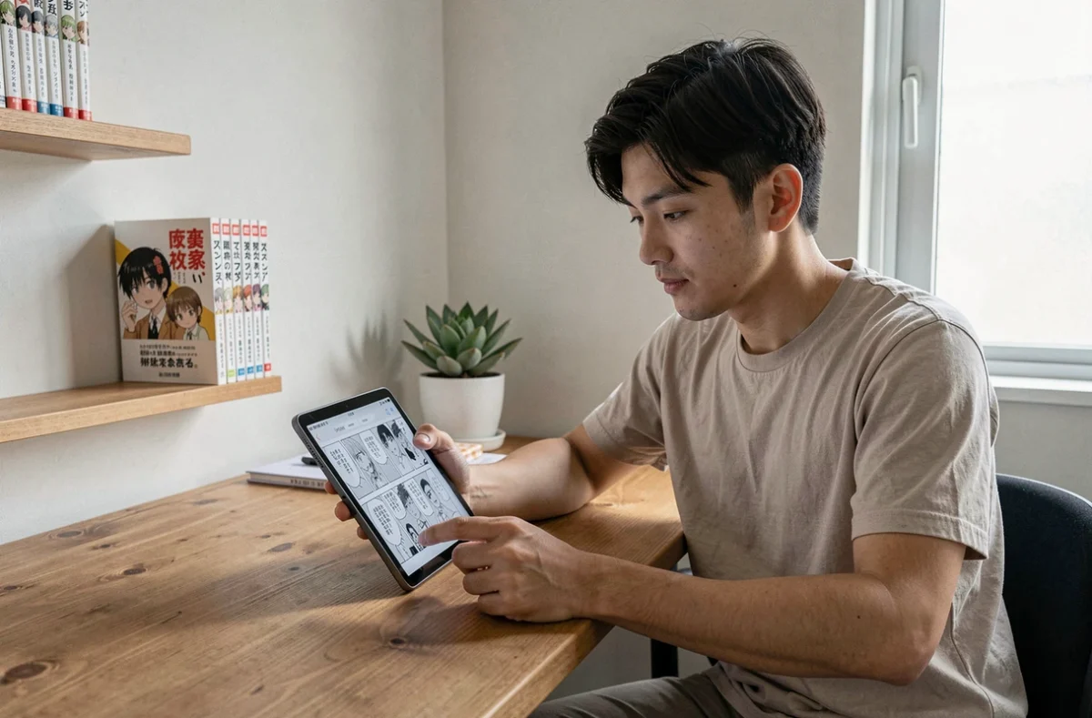 Jeune homme lisant un manga numérique en français sur une tablette posée sur un bureau en bois dans sa chambre