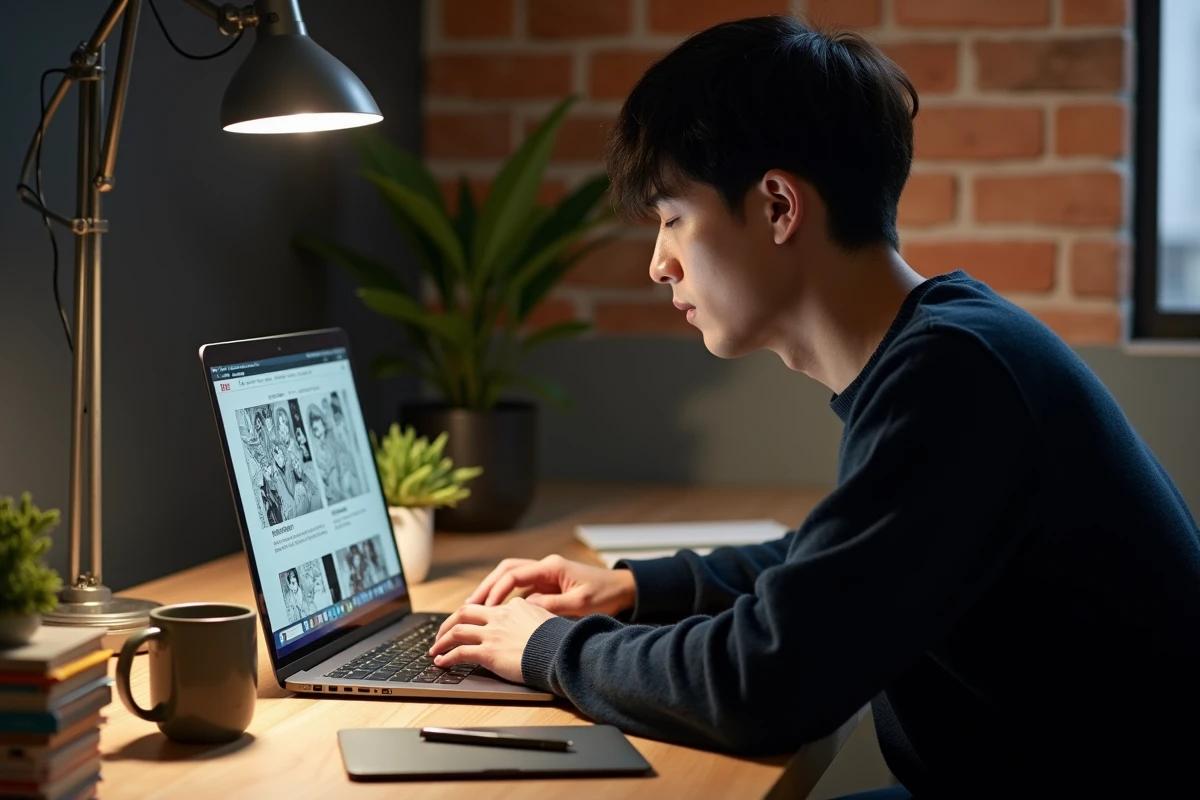Jeune homme consultant une plateforme de lecture de manga en ligne sur son ordinateur portable à son bureau
