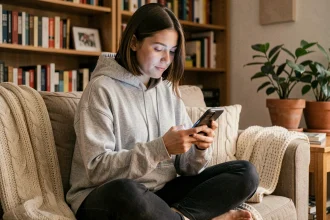 Jeune femme lisant un manga en VF sur son smartphone depuis une application mobile, installée confortablement sur un canapé