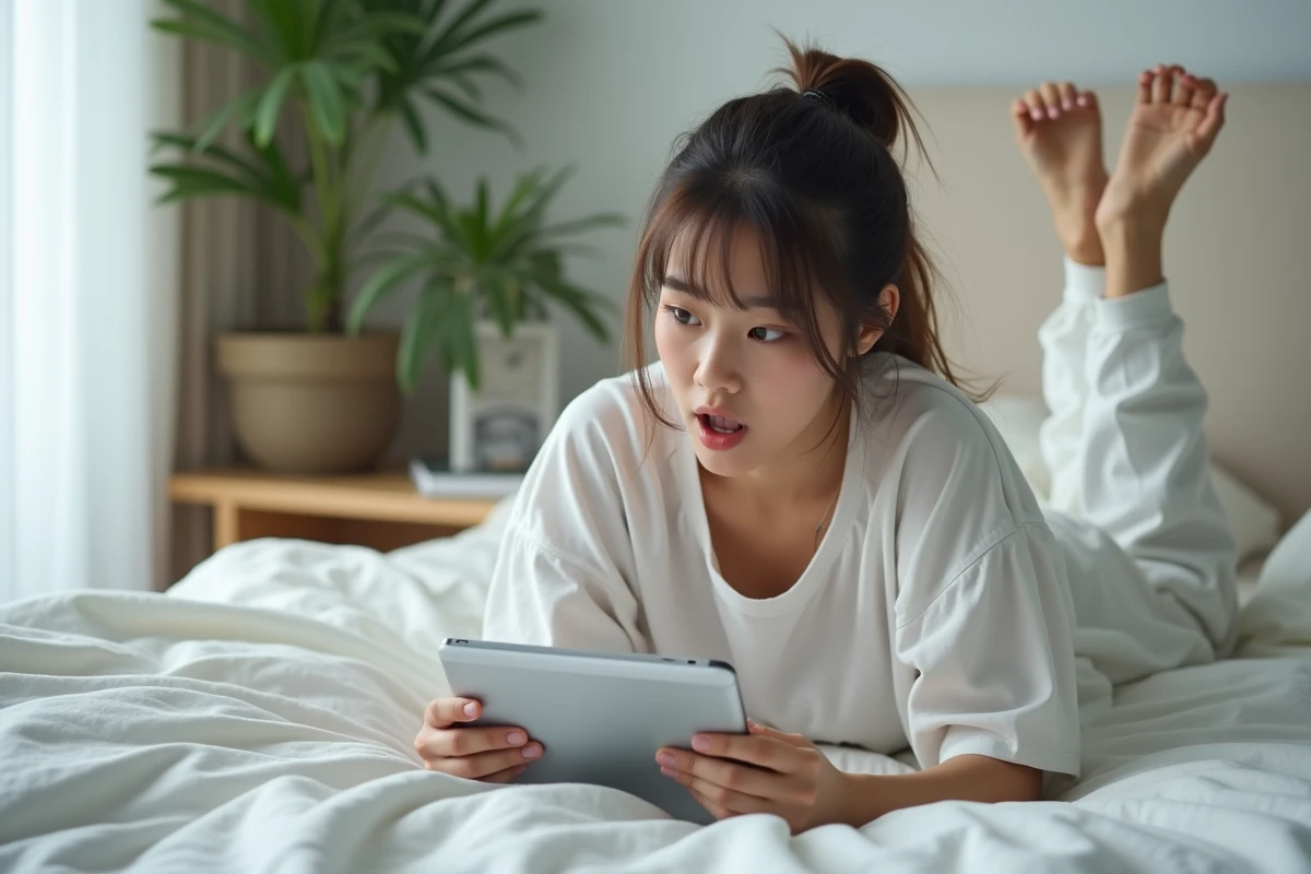 Jeune femme lisant One Piece sur tablette allongée sur son lit