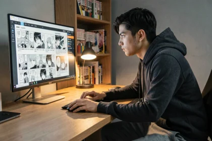 Jeune homme lisant un scan manga traduit en français sur un grand écran d'ordinateur dans un bureau à domicile