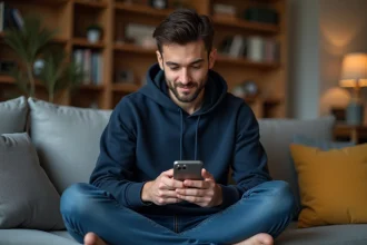 Jeune homme lisant un scan manga One Piece sur smartphone depuis son canapé