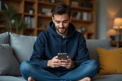 Jeune homme lisant un scan manga One Piece sur smartphone depuis son canapé