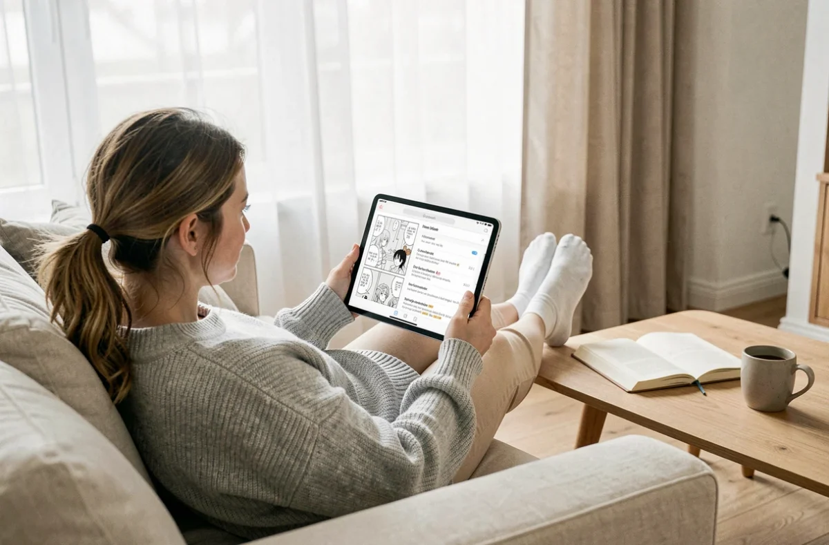 Femme lisant un scan One Punch Man traduit en français sur une tablette depuis son canapé