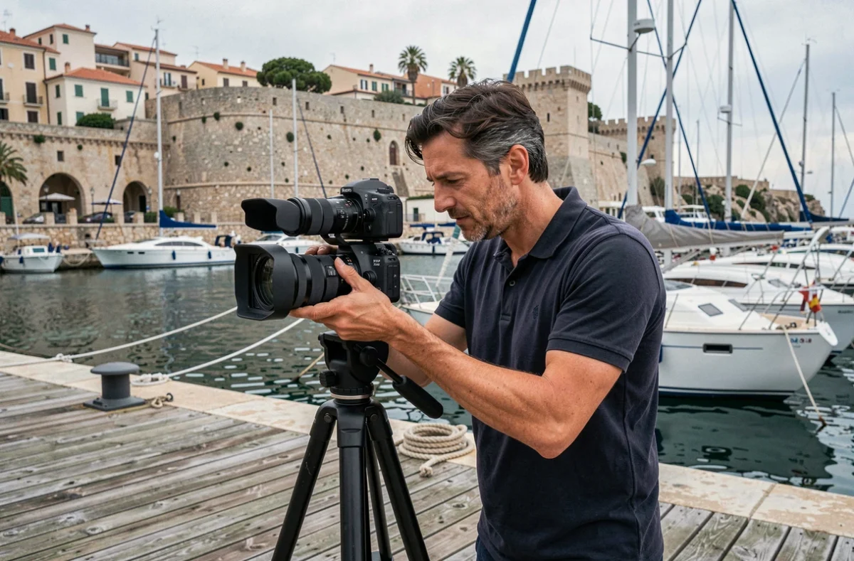 Vidéaste et photographe ajustant son équipement caméra près du vieux port d'Antibes avec bateaux et remparts historiques en arrière-plan