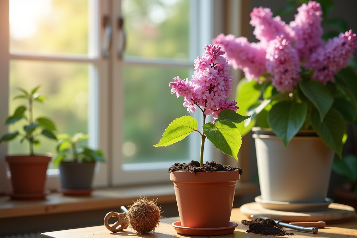 Pot avec lilas sec et feuilles fanées en intérieur
