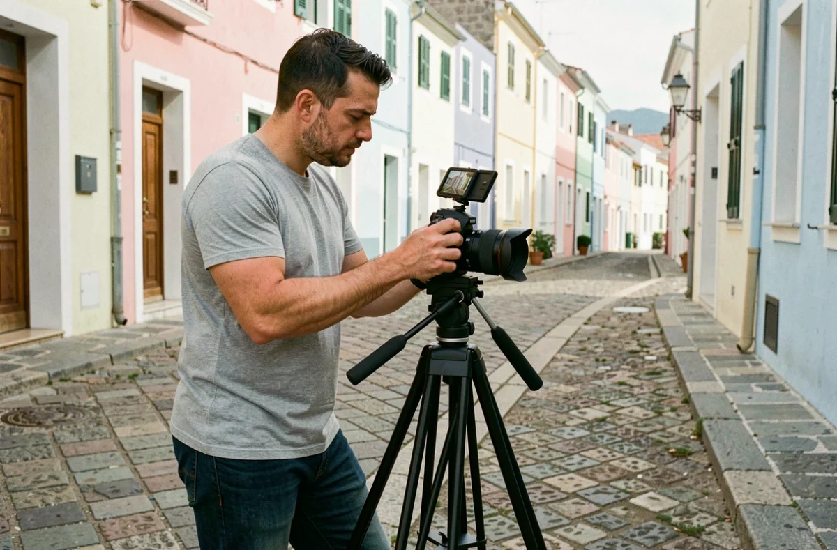 Vidéaste polyvalent installant un rig DSLR sur trépied dans une rue côtière méditerranéenne des Alpes-Maritimes