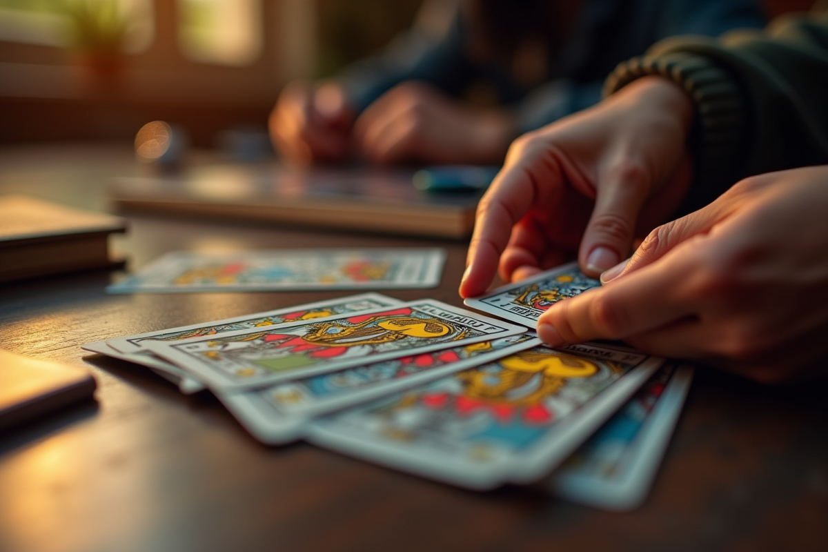 Mains mélangeant des cartes de tarot pour une partie de crapette
