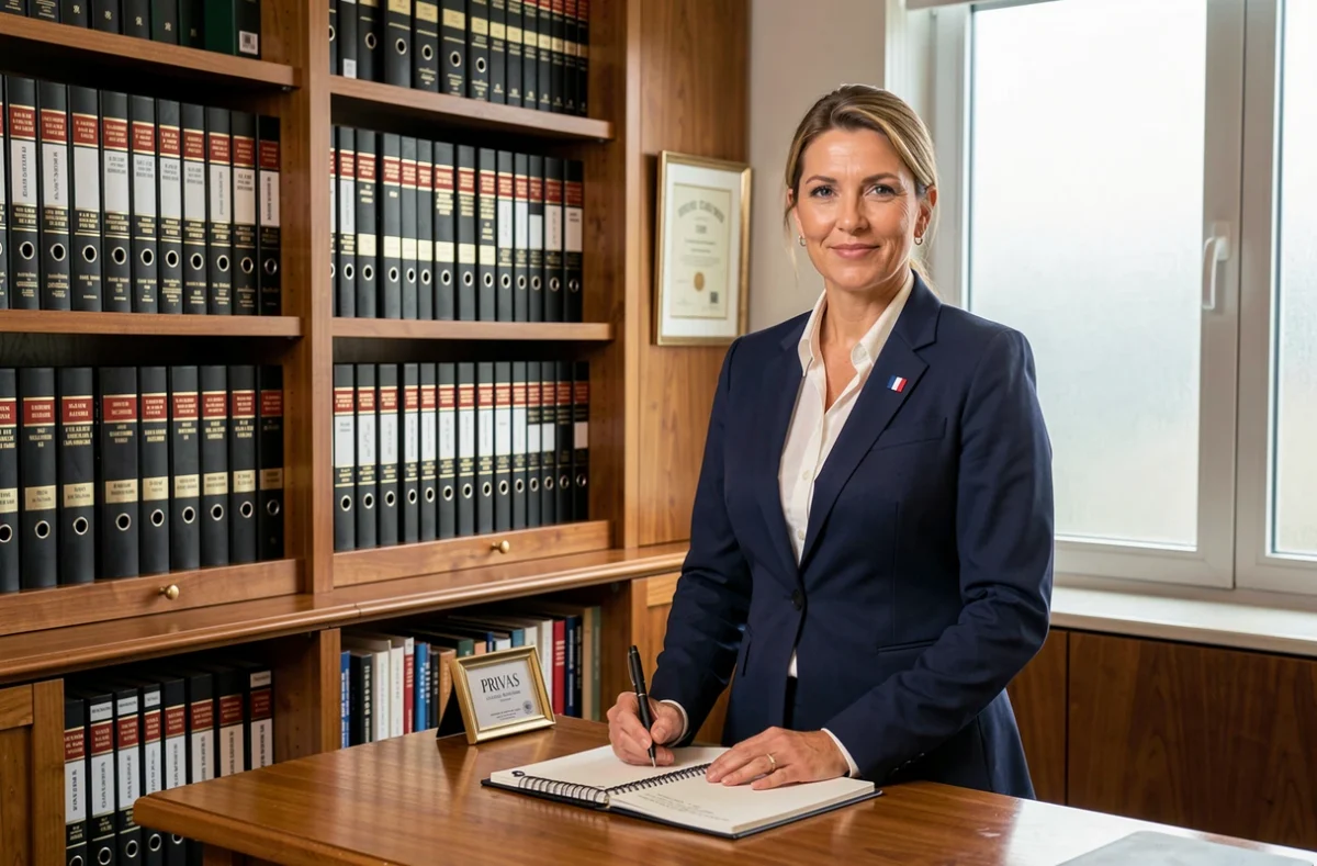Maître Fabienne Richard, avocate au barreau de Privas, debout devant une bibliothèque juridique dans son cabinet