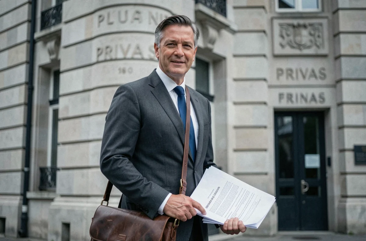 Maître Laurent Carrot, avocat au barreau de Privas, devant le palais de justice de Privas avec documents juridiques
