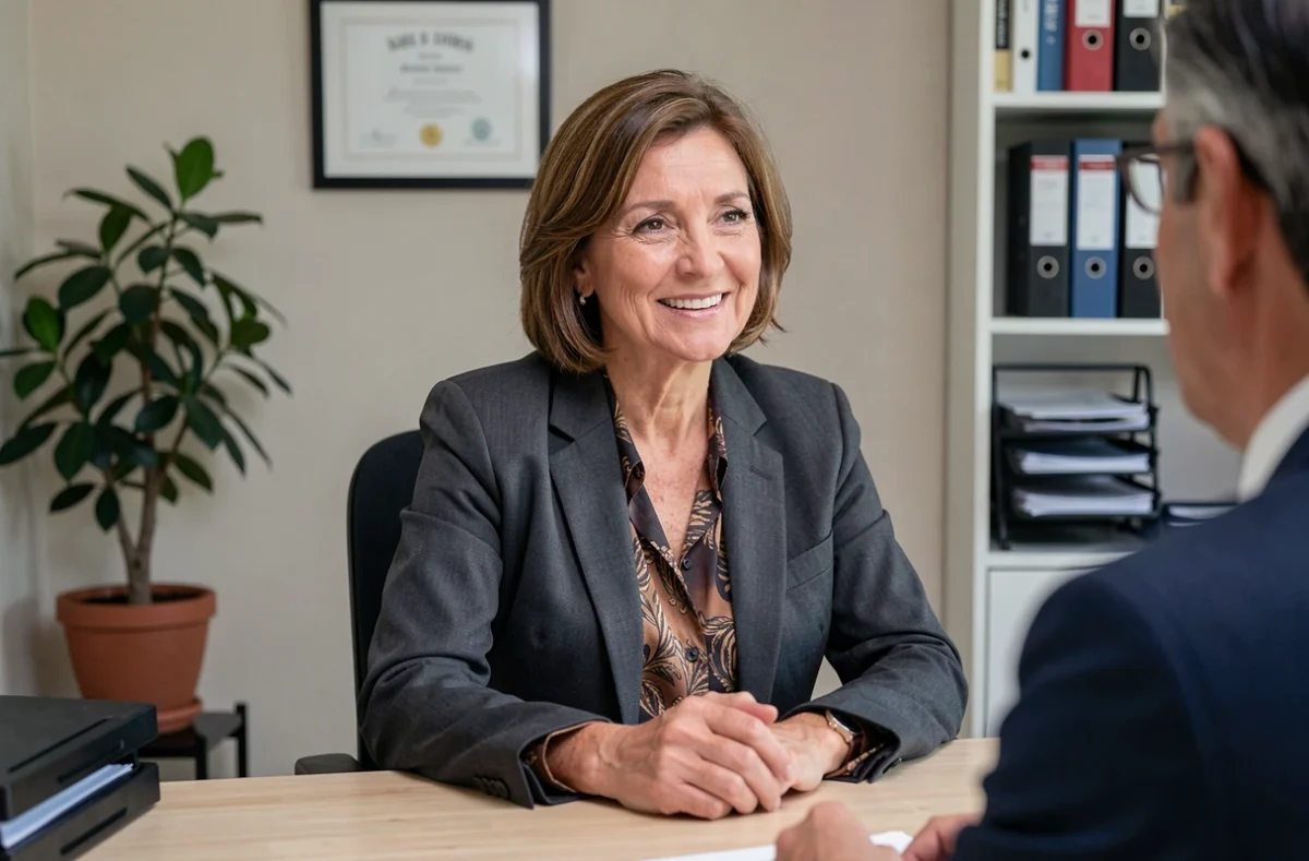 Maître Nathalie De Roeck, avocate généraliste au barreau de Privas, en consultation avec un client dans son cabinet