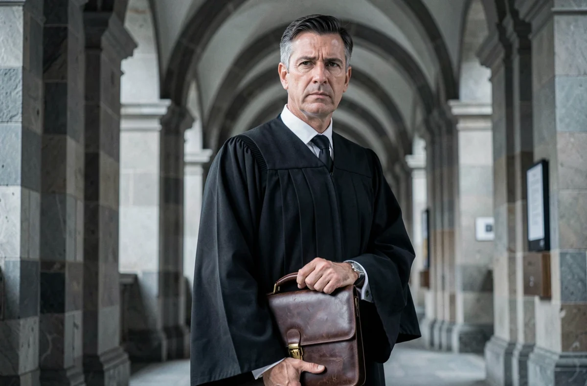 Maître Timothée Vignal, avocat pénaliste au barreau de Privas, en robe d'avocat dans les couloirs du tribunal