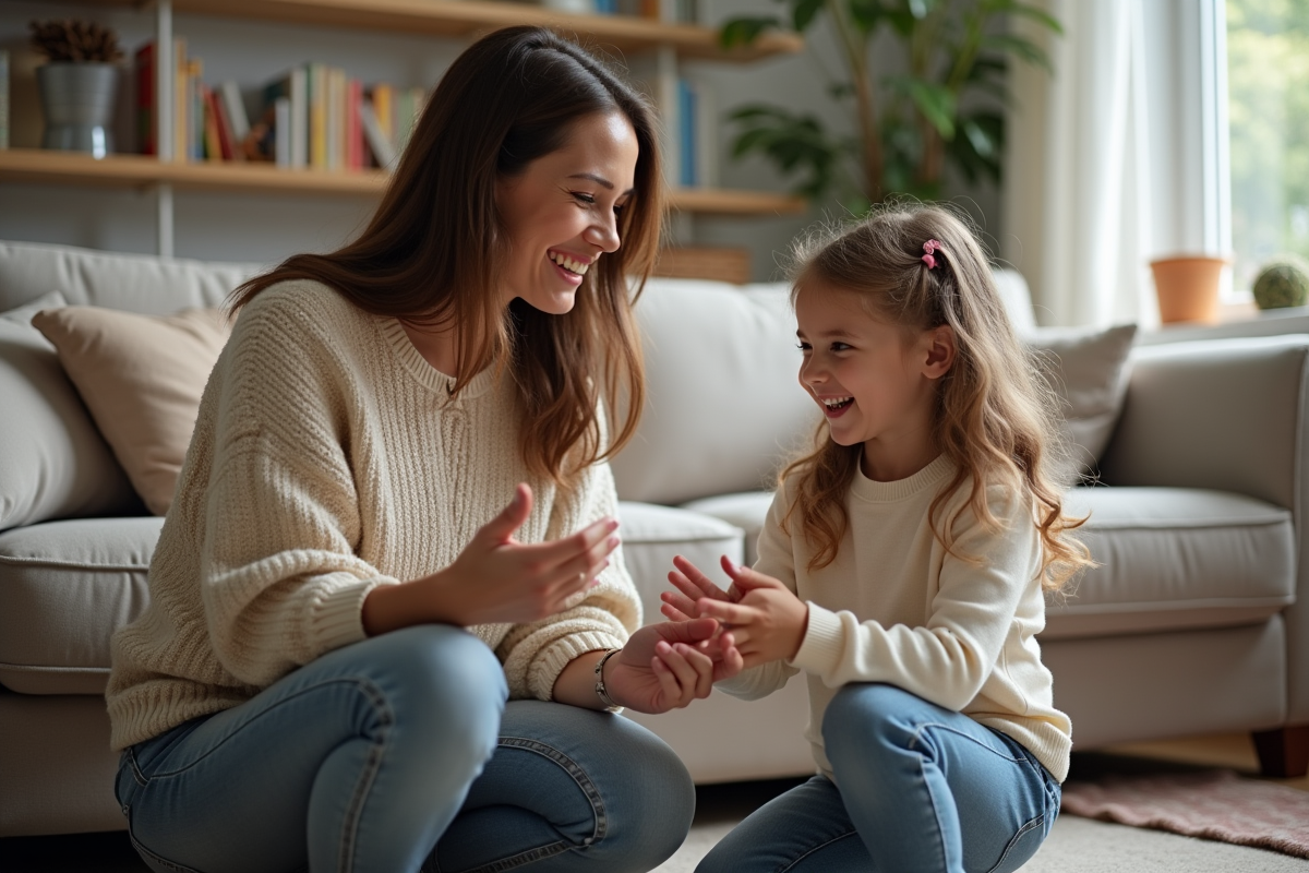 Maman souriante écoute sa fille dans le salon chaleureux