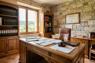 Vue d'ensemble d'un cabinet d'avocats en Ardèche avec bureau en bois, livres juridiques et vue sur la campagne ardéchoise