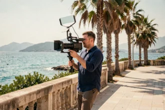 Vidéaste professionnel opérant une caméra sur gimbal sur la promenade des Alpes-Maritimes avec la Méditerranée en arrière-plan