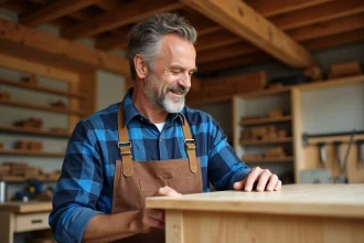 Menuisier homme examine un meuble en bois dans son atelier