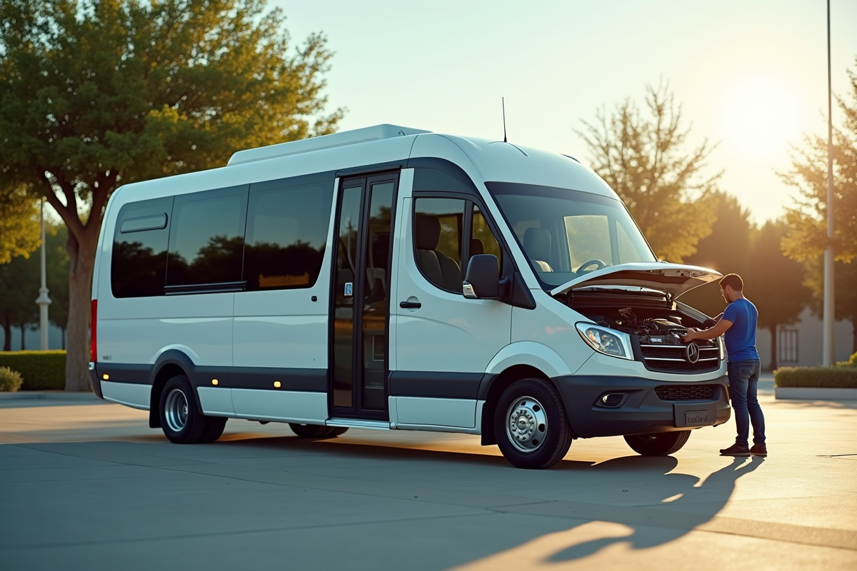Minibus 20 places avec le capot ouvert en extérieur