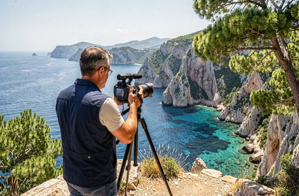 Vidéaste filmant les calanques et falaises de Roquebrune-Cap-Martin avec une caméra cinéma sur trépied en bord de mer
