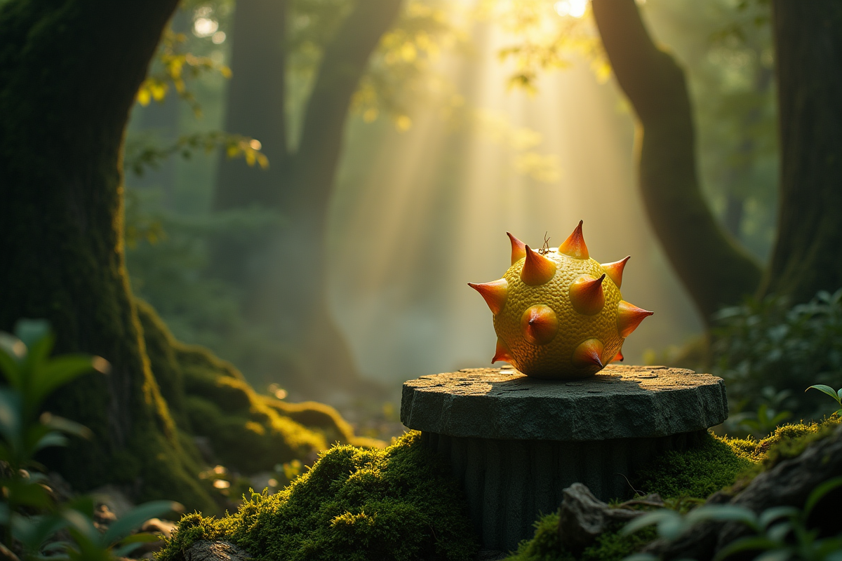 Fruits mythologiques dorés dans une forêt enchantée au lever du soleil