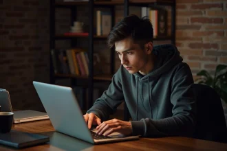Jeune homme en hoodie gris naviguant anonymement sur internet avec un VPN sur son ordinateur portable dans un bureau à domicile