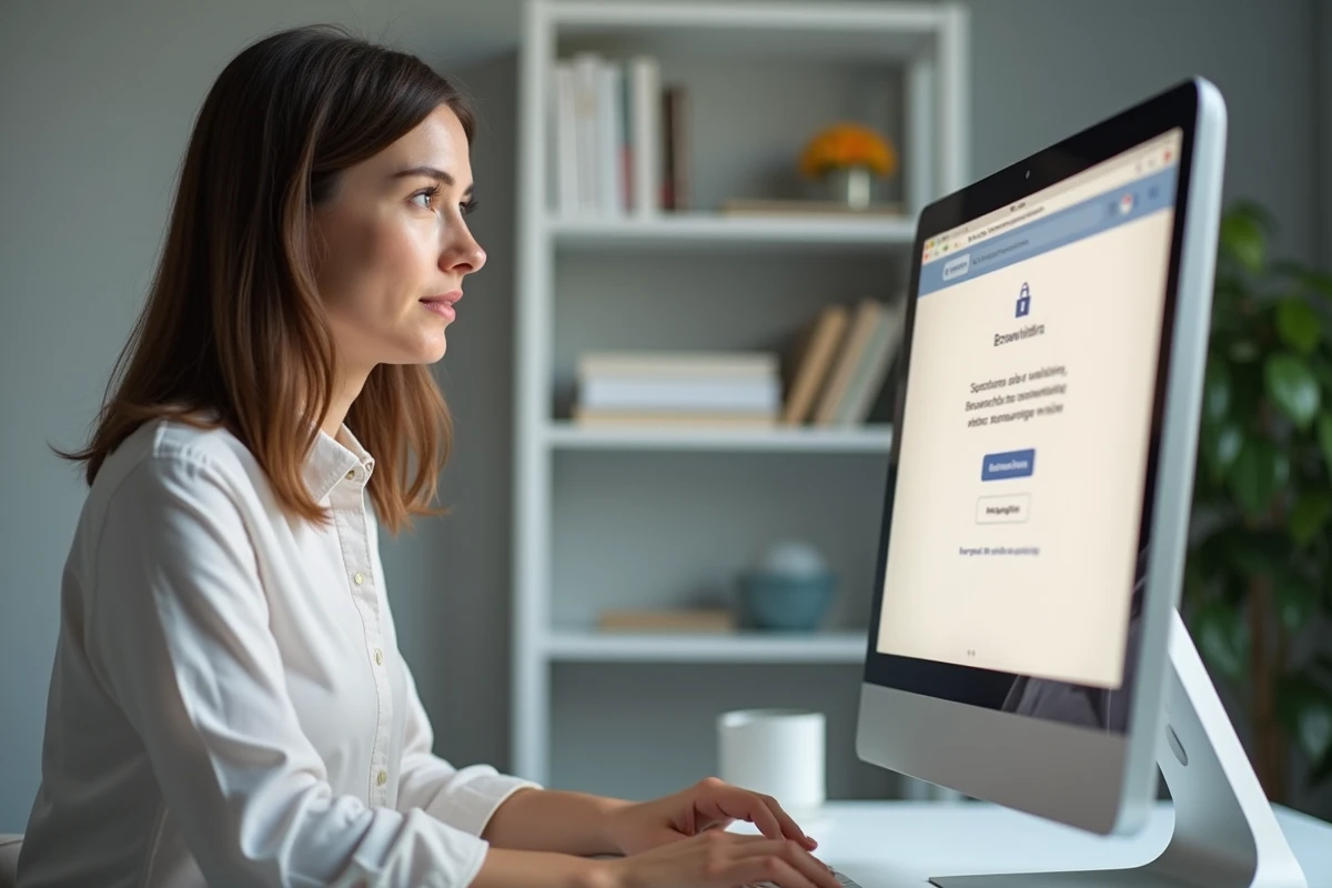 Femme utilisant le mode navigation privée sur un ordinateur de bureau dans un appartement moderne et minimaliste