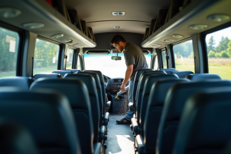 Personne nettoyant intérieur d'un minibus 20 places