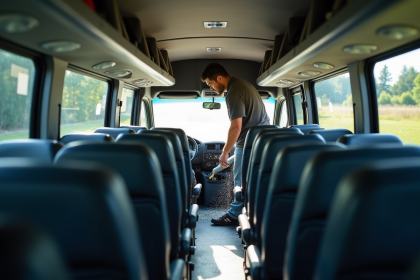 Personne nettoyant intérieur d'un minibus 20 places