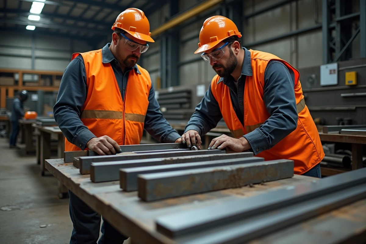 Deux ouvriers métallurgistes comparant différents profils de cornières en L acier dans un atelier de fabrication