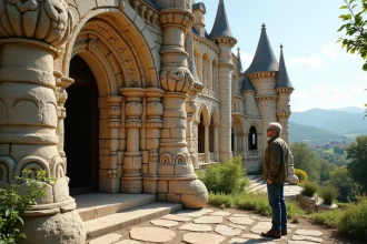 Homme debout devant le palais idéal du Facteur Cheval