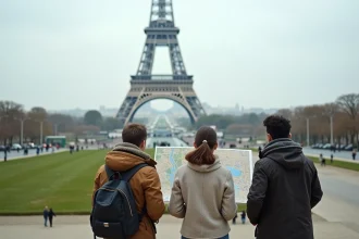 Groupe de voyageurs consultant une carte devant la Tour Eiffel à Paris, vue grand angle sur le Champ-de-Mars