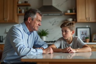 Pere sérieux parle à son fils à la cuisine moderne