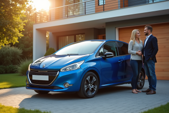 Peugeot 208 moderne devant une maison de banlieue ensoleillée