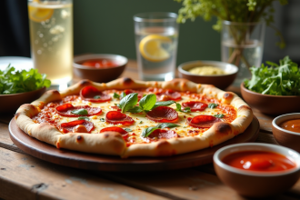 Pizza au chorizo fraîche sur une table en bois rustique