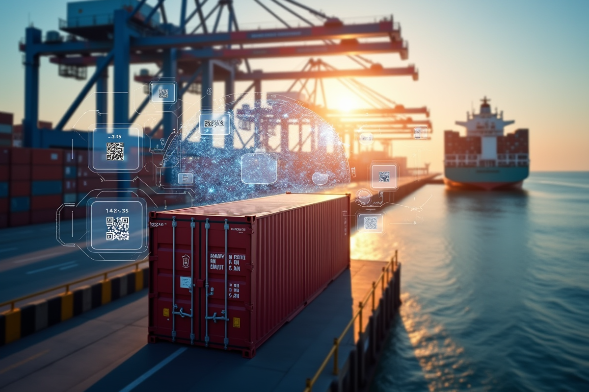 Conteneur au port avec codes QR et informations numériques en surimpression
