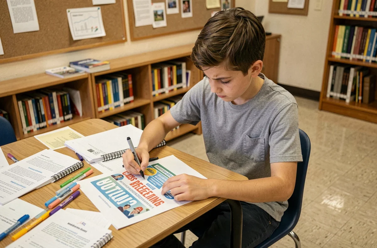 Adolescent concentré qui prépare une affiche de campagne pour se présenter comme délégué de classe dans une bibliothèque scolaire