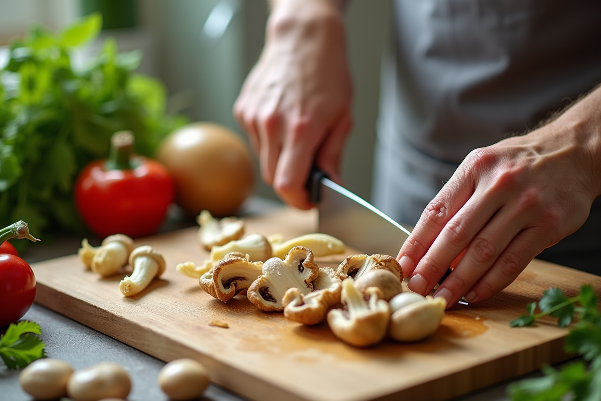 Mains préparant des girolles sur un plan de travail lumineux