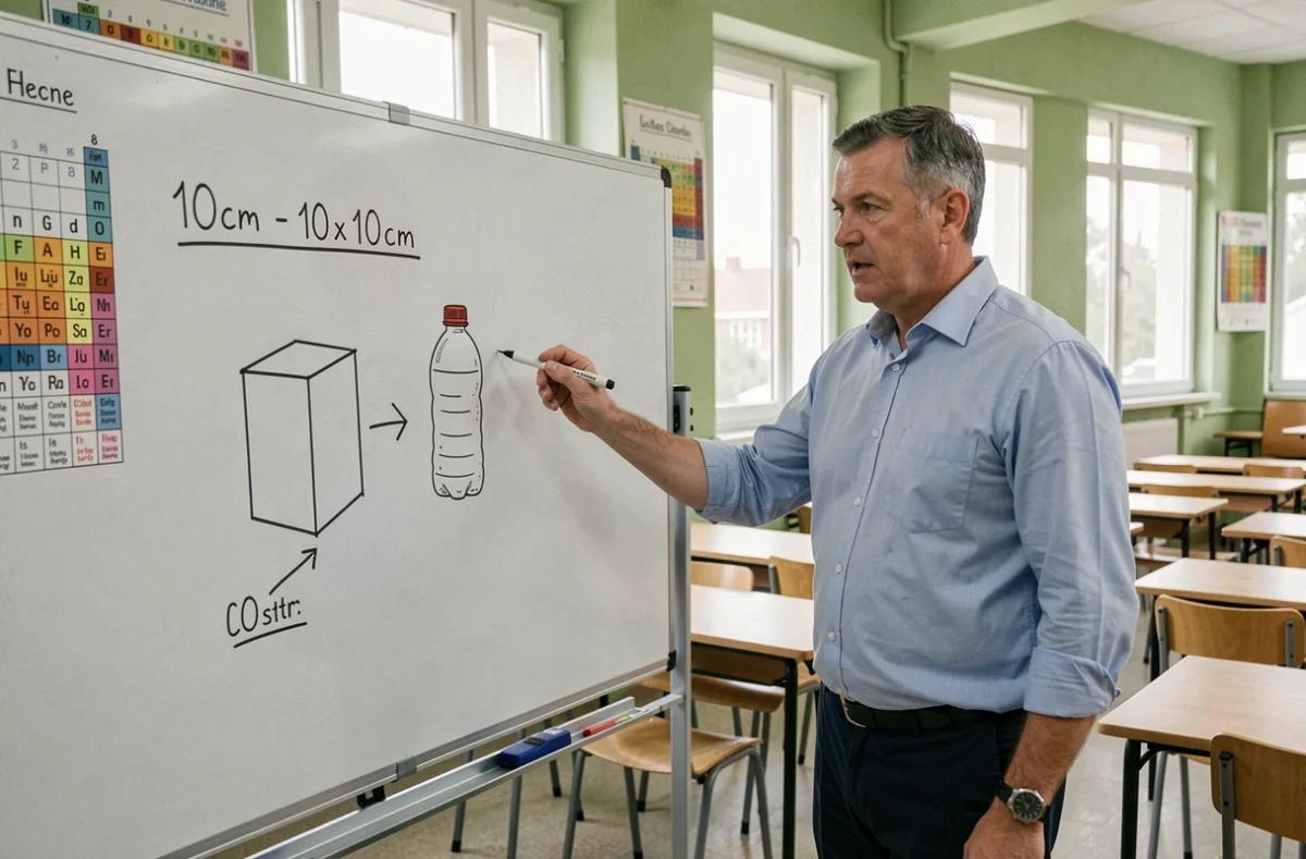 Professeur expliquant au tableau la relation entre le centimètre cube et le litre dans une salle de classe