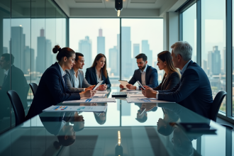 Groupe de professionnels finance en réunion dans un bureau moderne